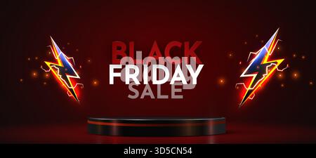 Bannière de vente saisissante Black Friday avec foudre incandescente et podium de produits, idéale pour les publicités et les offres spéciales. Illustration vectorielle Illustration de Vecteur