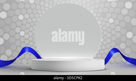Élégant podium blanc avec ruban bleu sur fond gris géométrique. Parfait pour l'affichage de produit. Illustration vectorielle. Illustration de Vecteur