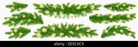 Branches de sapin de Noël avec set avec guirlande ampoules électriques rondes. Sapin réaliste, branche de conifères, brindilles d'épicéa avec des lumières de Noël brillantes. Vecteur Illustration de Vecteur
