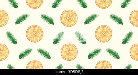Motif de Noël sans couture avec tranches orange et branches de sapin vert. Fond festif avec des agrumes et des pins. Conception d'aquarelle pour papier d'emballage, emballage, textiles, décor saisonnier Banque D'Images