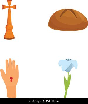 Ensemble de quatre icônes religieuses diverses, y compris une croix, du pain, une main avec des stigmates et une fleur Illustration de Vecteur