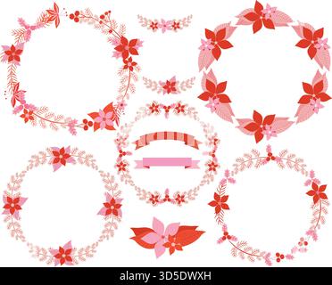Ensemble de couronnes florales beaitiful dans les couleurs rouge et rose pour les cartes de voeux et la décoration de Noël Illustration de Vecteur