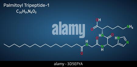 Palmitoyl tripeptide-1, molécule de palmitoyl GHK. Peptide cosmétique anti-âge. Formule chimique squelettique. Fond bleu foncé. Illustration vectorielle Illustration de Vecteur