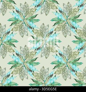 Motif sans couture de feuille tropicale aquarelle avec feuillage exotique. Les feuilles vertes et bleues douces créent un design botanique frais pour le tissu, le papier d'emballage Banque D'Images