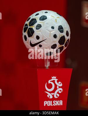Varsovie, Pologne. 15 novembre 2025. Ballon officiel lors du match du Groupe G de qualification de la Coupe du monde de la FIFA 2026 entre la Pologne et les pays-Bas au stade PGE Narodowy de Varsovie, Pologne, le 14 novembre 2025 (photo Andrew Surma/Sipa USA). Crédit : Sipa USA/Alamy Live News Banque D'Images