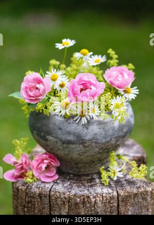 Roses roses douces et camomille blanche joyeuse disposées dans un pot en métal vintage créent un charmant bouquet d'été. Poser sur une vieille souche d'arbre Banque D'Images