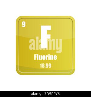 Carreau pour éléments chimiques fluorés. Numéro atomique neuf. Symbole F icône vectorielle. Forme carrée jaune vif. Illustration de Vecteur