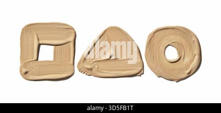 Taches de maquillage beige formant des formes de triangle carré et de cercle sur fond blanc Banque D'Images