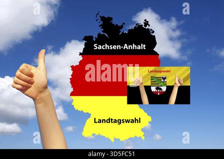 Élections d'Etat en Saxe-Anhalt, carte de l'Allemagne, drapeau du pays, pouces vers le haut, confiance, studio shot, basse-Saxe, République fédérale d'Allemagne Banque D'Images