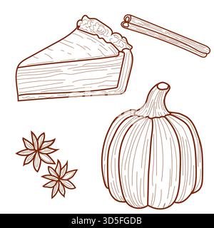 dessin d'art au trait de citrouille, tranche de tarte, bâtons de cannelle, style de doodle saisonnier d'automne, ensemble de lignes vectorielles, articles d'automne confortables Illustration de Vecteur