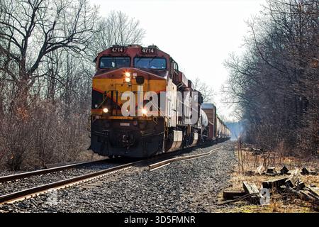 Locomotive diesel tractant un train de marchandises avec wagons-citernes et wagons-caisses à travers la campagne boisée, traverses de chemin de fer de rechange à côté des voies ferrées Banque D'Images