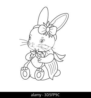 Adorable personnage de lapin avec arc assis, tenant la fraise. Illustration d'art de ligne douce noir et blanc pour les enfants, décor de pépinière. Animal vecteur fantaisiste pour livres d'histoires et matériel éducatif Illustration de Vecteur