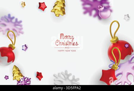 Bonne année et joyeux Noël. Fond de vacances de Noël avec des objets 3D réalistes, boules de boule, étoiles métalliques coniques. La lévitation chute Illustration de Vecteur