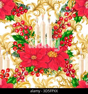 Poinsettias rouges, bougies allumées, baies de houx et rubans torsadés. Motif sans couture sur un fond blanc. Modèle d'aquarelle pour les vacances et CHRI Banque D'Images