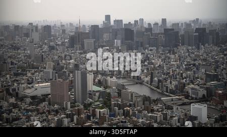 Tokyo, Japon - 13 avril 2023 : image aérienne panoramique de Tokyo prise depuis le Tokyo Skytree, mettant en vedette le. horizon spacieux et moderne de la ville. Banque D'Images