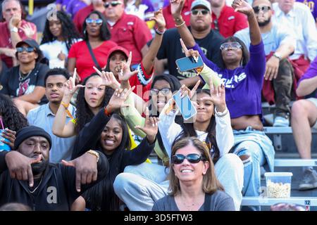 Baton Rouge, États-Unis. 15 novembre 2025. Un groupe de fans des LSU Tigers montre leur soutien lors d'un match de football universitaire de la Southeastern Conference le samedi 15 novembre 2025 au Tiger Stadium de Baton Rouge, en Louisiane. (Photo de Peter G. Forest/Sipa USA) crédit : Sipa USA/Alamy Live News Banque D'Images