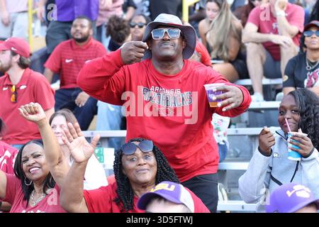 Baton Rouge, États-Unis. 15 novembre 2025. Un fan des Razorbacks de l'Arkansas soutient son équipe lors d'un match de football universitaire de la Southeastern Conference le samedi 15 novembre 2025 au Tiger Stadium de Baton Rouge, en Louisiane. (Photo de Peter G. Forest/Sipa USA) crédit : Sipa USA/Alamy Live News Banque D'Images