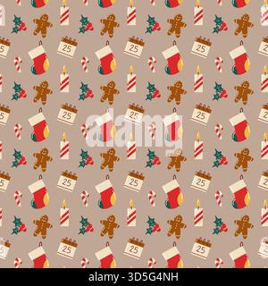 Modèle de Noël plat sans couture avec bas, pain d'épices, bonbons, bougies, feuilles de houx et calendrier sur fond beige Illustration de Vecteur