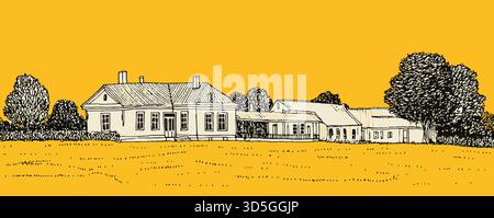 Dessin jaune et blanc d'une maison et d'une ferme. La maison est vieille et a beaucoup de fenêtres. La ferme a beaucoup d'arbres et un champ Illustration de Vecteur