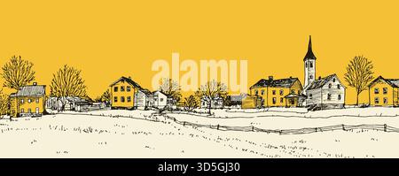 Un fond jaune et orange avec une petite ville au premier plan. Les maisons sont petites et le ciel est d'un jaune vif Illustration de Vecteur