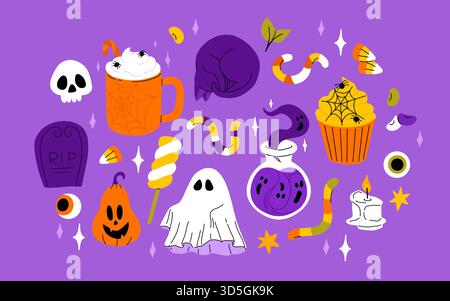 Ensemble Halloween mignon pour enfants. Citrouille heureuse, main de zombie, fantôme mignon, crâne cupcake bonbon et potion de sorcière. Autocollants des fêtes d'octobre, ensemble d'éléments de design Illustration de Vecteur