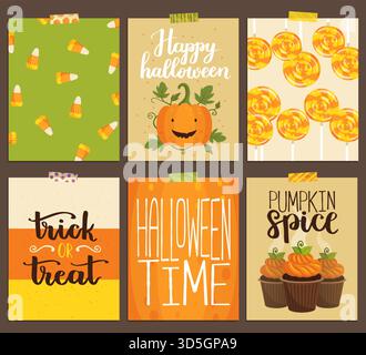 Ensemble vectoriel de cartes de voeux d'halloween. Jolie illustration dessinée à la main avec citrouille, cupcakes, sucette, bonbons et citations manuscrites. Templa d'invitation Illustration de Vecteur