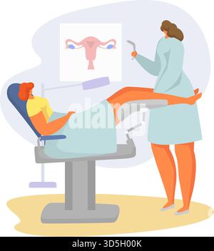 Illustration du vecteur de rendez-vous patient chez le médecin. Gynécologue plat de dessin animé examinant la femme dans l'intérieur de cabinet obstétricien clinique, examen s col utérin Illustration de Vecteur