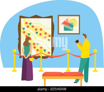 Homme prenant photo de l'art, femme admirant la grande peinture abstraite dans la galerie. Visiteurs du musée appréciant l'exposition d'œuvres d'art moderne. Appréciation artistique, Gall Illustration de Vecteur