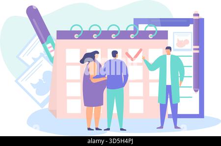 Rendez-vous chez le médecin, examen thérapeutique de la jeune famille avec illustration vectorielle de dessin animé de la période de gestation tardive, isolé sur blanc. Concept p Illustration de Vecteur