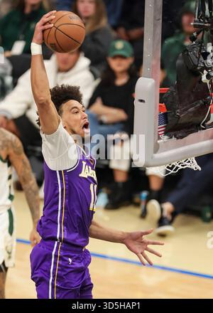 Milwaukee, États-Unis. 15 novembre 2025. Jaxson Hayes des Los Angeles Lakers dunk lors du match de saison régulière de la NBA 2025-2026 entre les Milwaukee Bucks et les Los Angeles Lakers à Milwaukee, aux États-Unis, le 15 novembre 2025. Crédit : Joel Lerner/Xinhua/Alamy Live News Banque D'Images