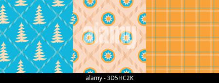 Ensemble de motifs sans couture de Noël rétro. Arbre, étoile et écossais dans des couleurs tropicales vives Illustration de Vecteur