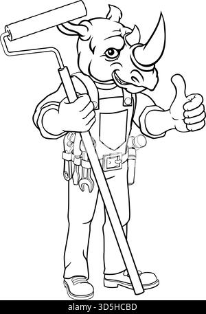 Rhino Painter Decorator Paint Roller Mascot Homme Illustration de Vecteur