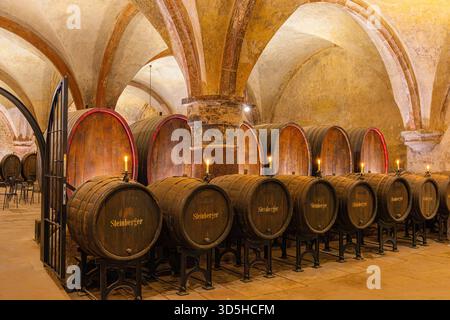 Vue intérieure atmosphérique de la cave à vin historique de Kloster Eberbach dans la région du Rheingau en Allemagne. Massifs tonneaux en bois de la célèbre Stei Banque D'Images