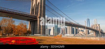 Pont de Brooklyn à New York, monument emblématique reliant Manhattan et Brooklyn. Banque D'Images