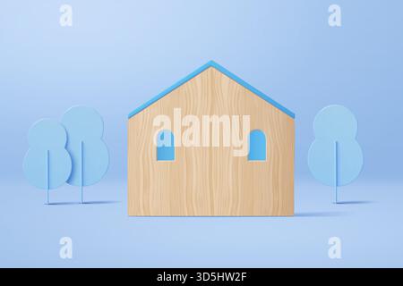 Maison en bois et planches en forme d'arbre. eléments 3d isolés sur fond bleu. Illustration de Vecteur