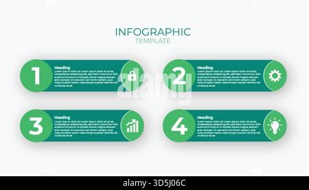 Modèle d'infographie capsule verte en 4 étapes. Liste numérotée pour la sécurité, la configuration, les indicateurs de croissance et les idées créatives. Diapositive de présentation moderne. Illustration de Vecteur