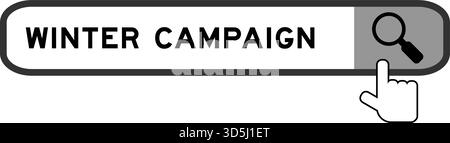 Bannière de recherche dans la campagne d'hiver de mot avec l'icône loupe de main sur fond blanc Illustration de Vecteur