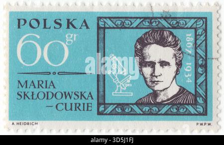 POLOGNE — 20 juillet 1963 : timbre-poste bleu et noir de 60 grosz représentant un portrait de Marie Salomea Skłodowska-Curie. Elle était une physicienne et chimiste polonaise et naturalisée-française qui a mené des recherches pionnières sur la radioactivité. Elle a été la première femme à remporter un prix Nobel, la première personne à remporter un prix Nobel deux fois, et la seule personne à remporter un prix Nobel dans deux domaines scientifiques. Son mari, Pierre Curie, a été co-lauréat de son premier prix Nobel, faisant d'eux le premier couple marié à remporter le prix Nobel et lançant l'héritage familial Curie de cinq prix Nobel Banque D'Images