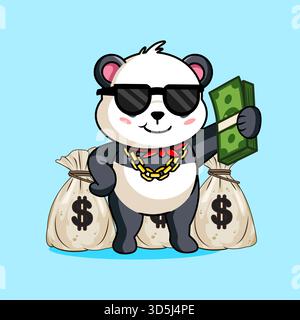 Panda mignon et riche tenant une pile épaisse d'argent tout en se tenant devant plusieurs grands sacs d'argent illustration vectorielle dessin animé Illustration de Vecteur