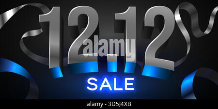 Bannière de vente 12,12 avec numéros métalliques et néon lumineux. Promotion du festival mondial du shopping d'une journée. Illustration vectorielle Illustration de Vecteur