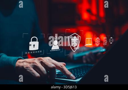 Concept de cybersécurité et de protection de l'identité. Utilisateur accédant au système numérique avec des icônes de mot de passe, empreinte digitale, serrure, authentification biométrique, Banque D'Images