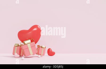 rendu 3d élégant de boîtes cadeaux roses en lévitation et de coeurs sur un fond doux et propre. Parfait pour les graphiques et publicités promotionnels de vacances doux. Banque D'Images