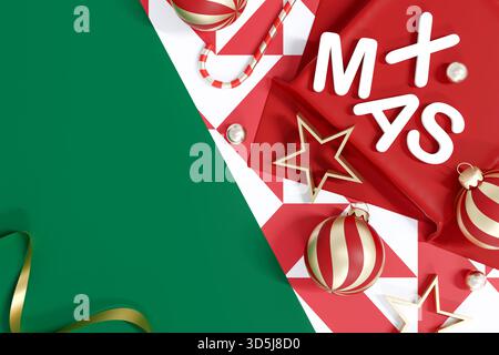 Op view rendu 3D d'éléments de décoration festifs sur un fond vert fendu et rouge à carreaux. Design de vacances avec espace typographique Banque D'Images