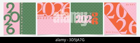 Ensemble de 4 cartes carrées rétro 2026 Happy New Year, modèles de typographie créative vecteur rose vert et orange Illustration de Vecteur