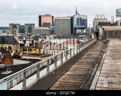 Belgique, Bruxelles, le 31 décembre 2024 ; photographe capturant une vue imprenable sur bruxelles depuis une passerelle contemporaine en bois sur le toit Banque D'Images