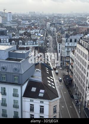 Belgique, Bruxelles, 31 décembre 2024 ; scène urbaine de bruxelles avec toits, rues et bâtiments sous un ciel nuageux Banque D'Images