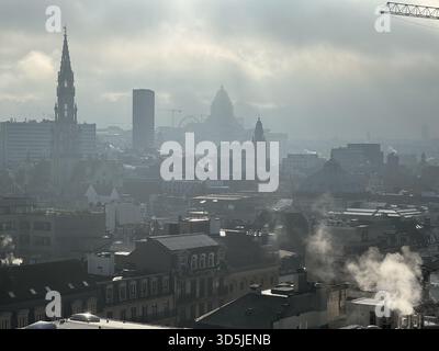 Belgique, Bruxelles, le 31 décembre 2024 ; fumée s'élevant des cheminées à bruxelles, belgique, par un matin d'hiver brumeux, avec la mairie de bruxelles et le th Banque D'Images