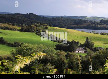 Paysage dans le comté rural de Leitrim, Irlande avec maison de chalet nichée parmi les collines ondulantes des pâturages de champs verts près des rives de Lough Banque D'Images