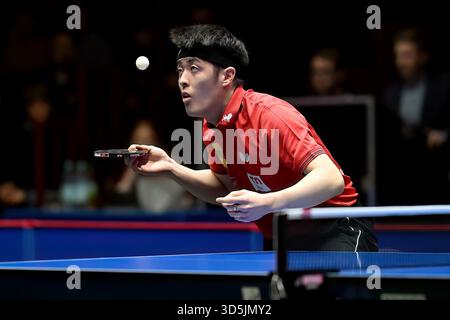 TTBL 8. Spieltag Borussia Duesseldorf - TTC Schwalbe Bergneustadt am 16.11.2025 im Arag CenterCourt in Duesseldorf Dang Qiu ( Duesseldorf ) Foto : Revierfoto crédit : ddp Media GmbH/Alamy Live News Banque D'Images