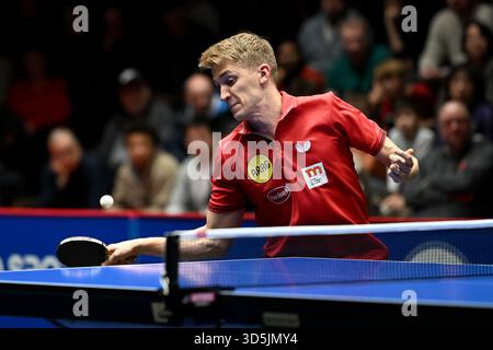 TTBL 8. Spieltag Borussia Duesseldorf - TTC Schwalbe Bergneustadt am 16.11.2025 im Arag CenterCourt in Duesseldorf Anton Kaellberg ( Duesseldorf ) Foto : Revierfoto crédit : ddp Media GmbH/Alamy Live News Banque D'Images